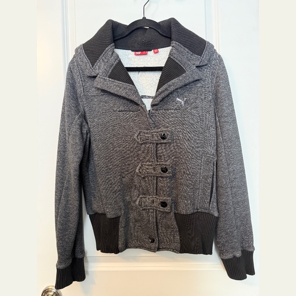 Puma Heather Gray Zip Up & Snap Sweater Size Large w/Black Wide Collar Accent - Picture 1 of 11
